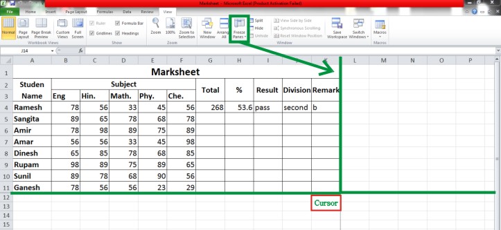 Excel Freeze Pane Function