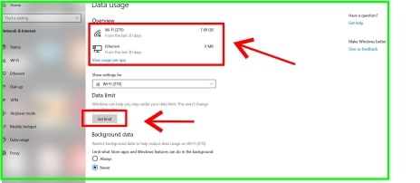 Check internet data use