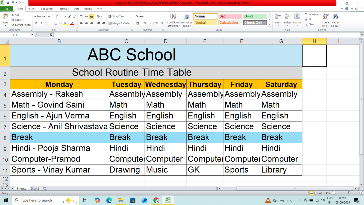 School routine time table template free download Basic computer HIndi