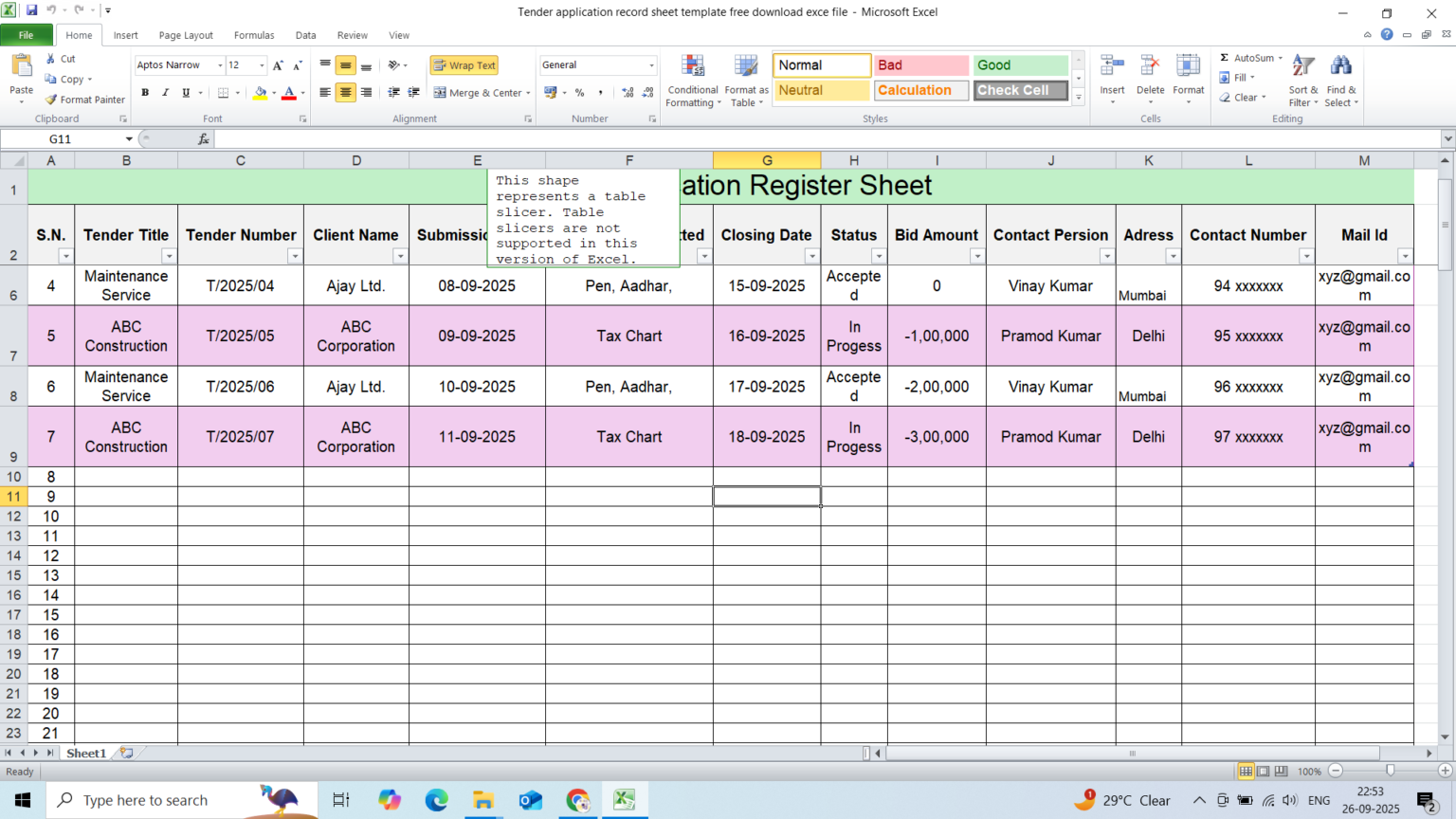 Tender application record sheet template