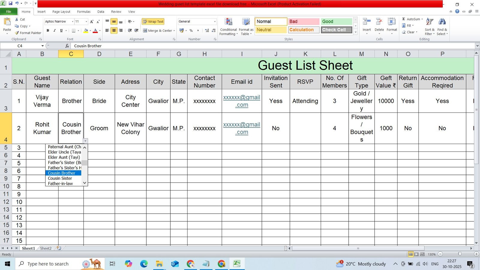Wedding guest list template excel file & pdf file