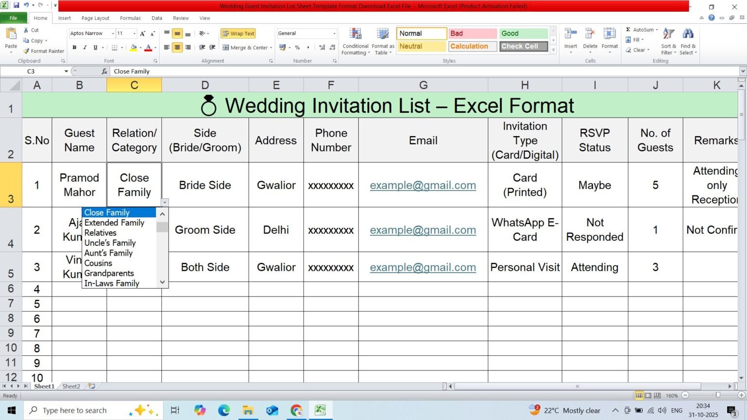 Wedding Guest Invitation List Sheet Template Format