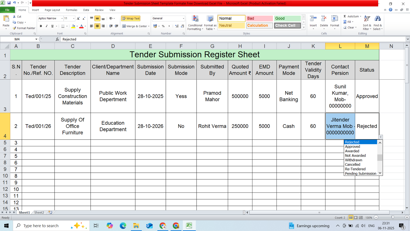 Tender Submission Sheet Template