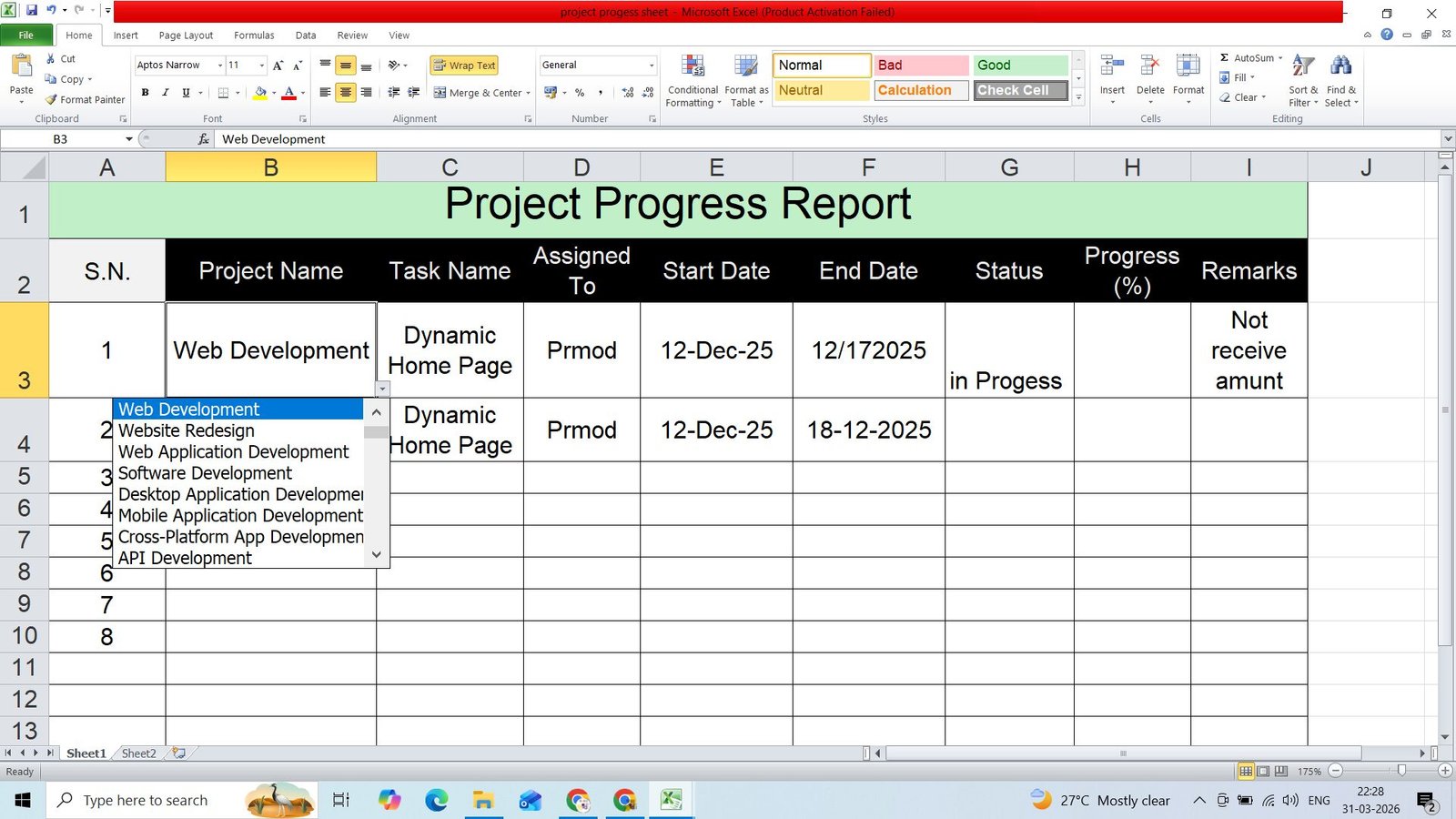 Project Progress Report Excel Visualization Project Progress Report Excel Sheet Template Free Download