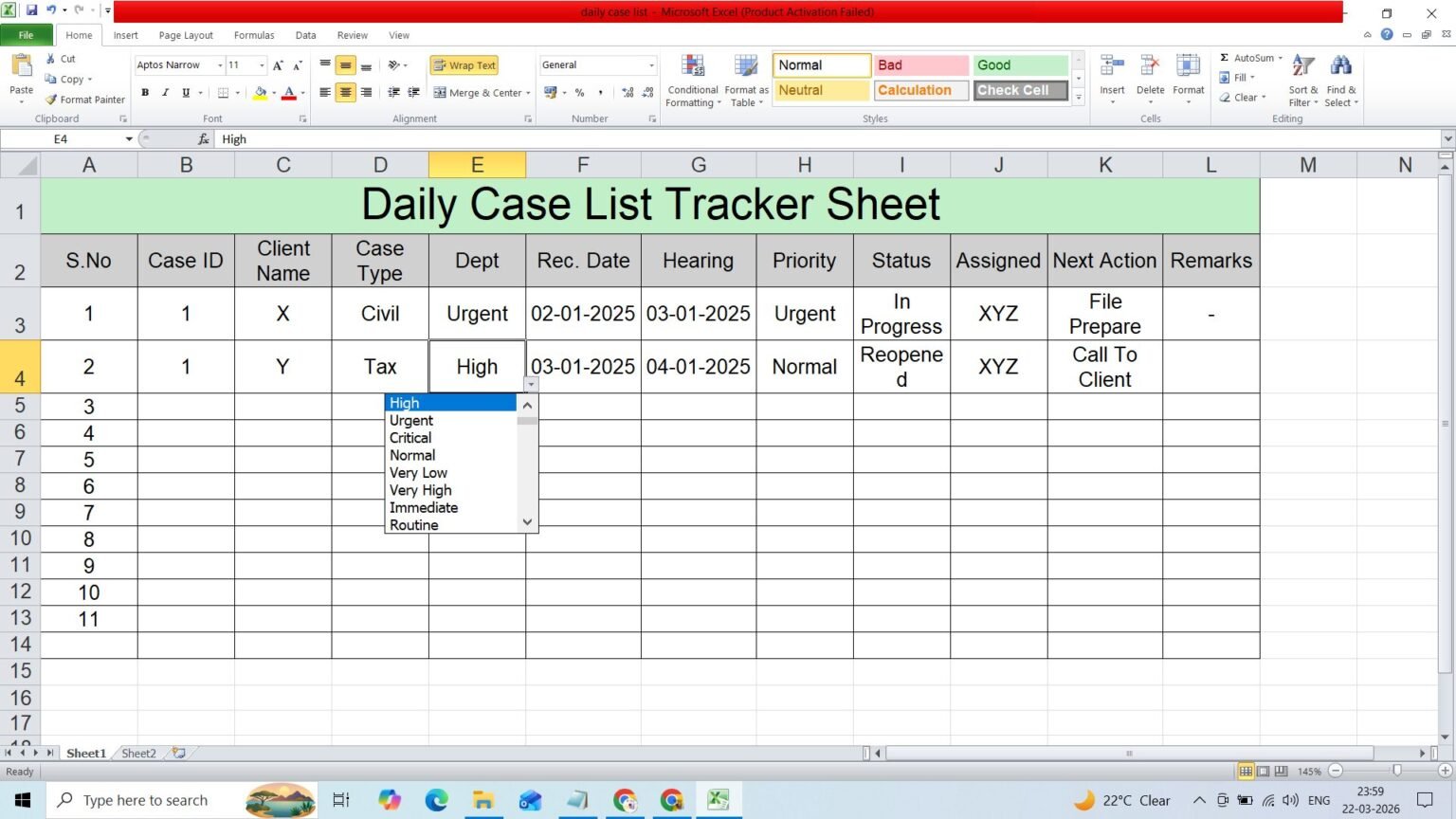 Daily Case List Tracker Sheet Excel & PDF Free Download