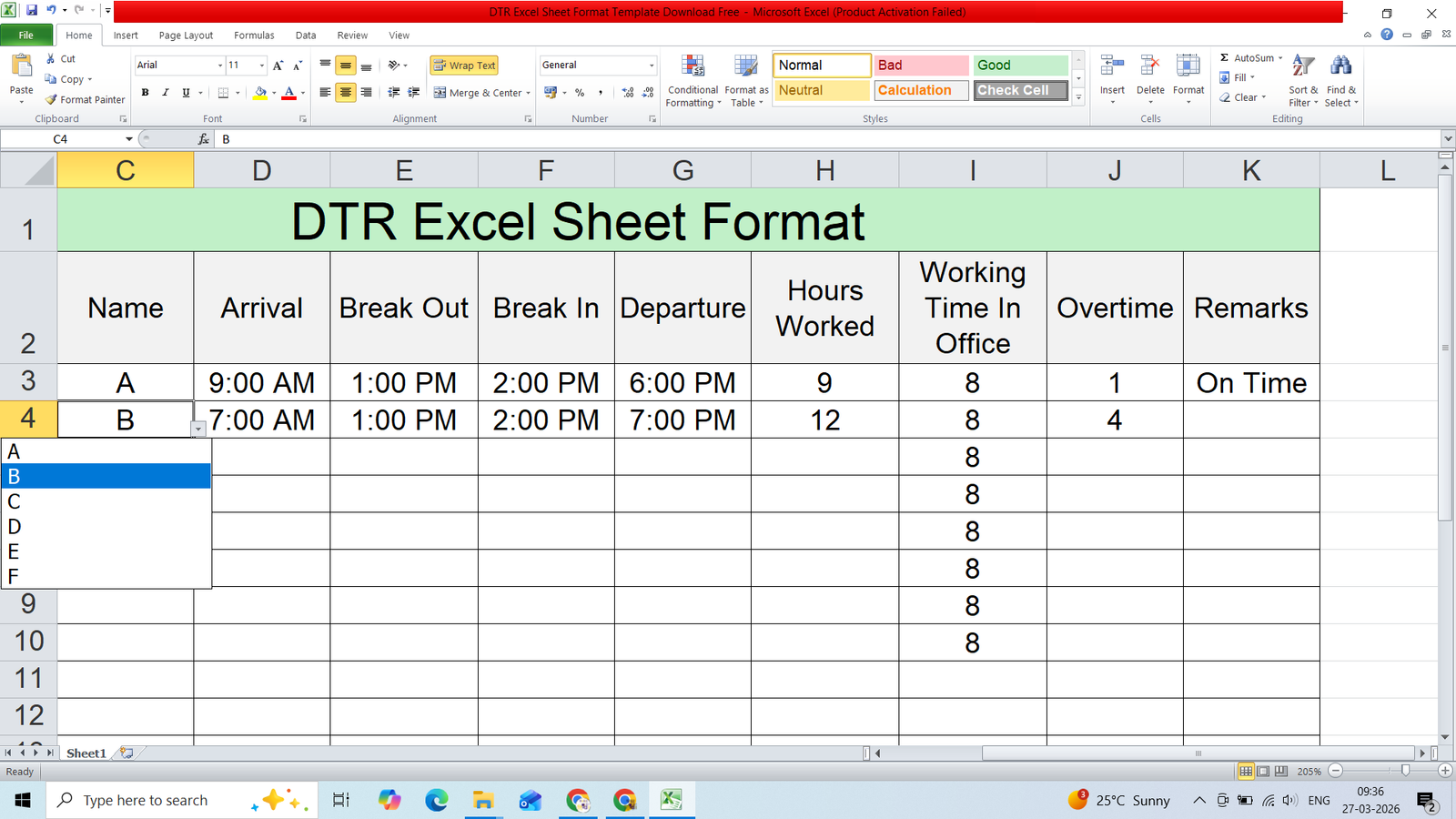DTR Excel Sheet Format Template Download in Excel & PDF