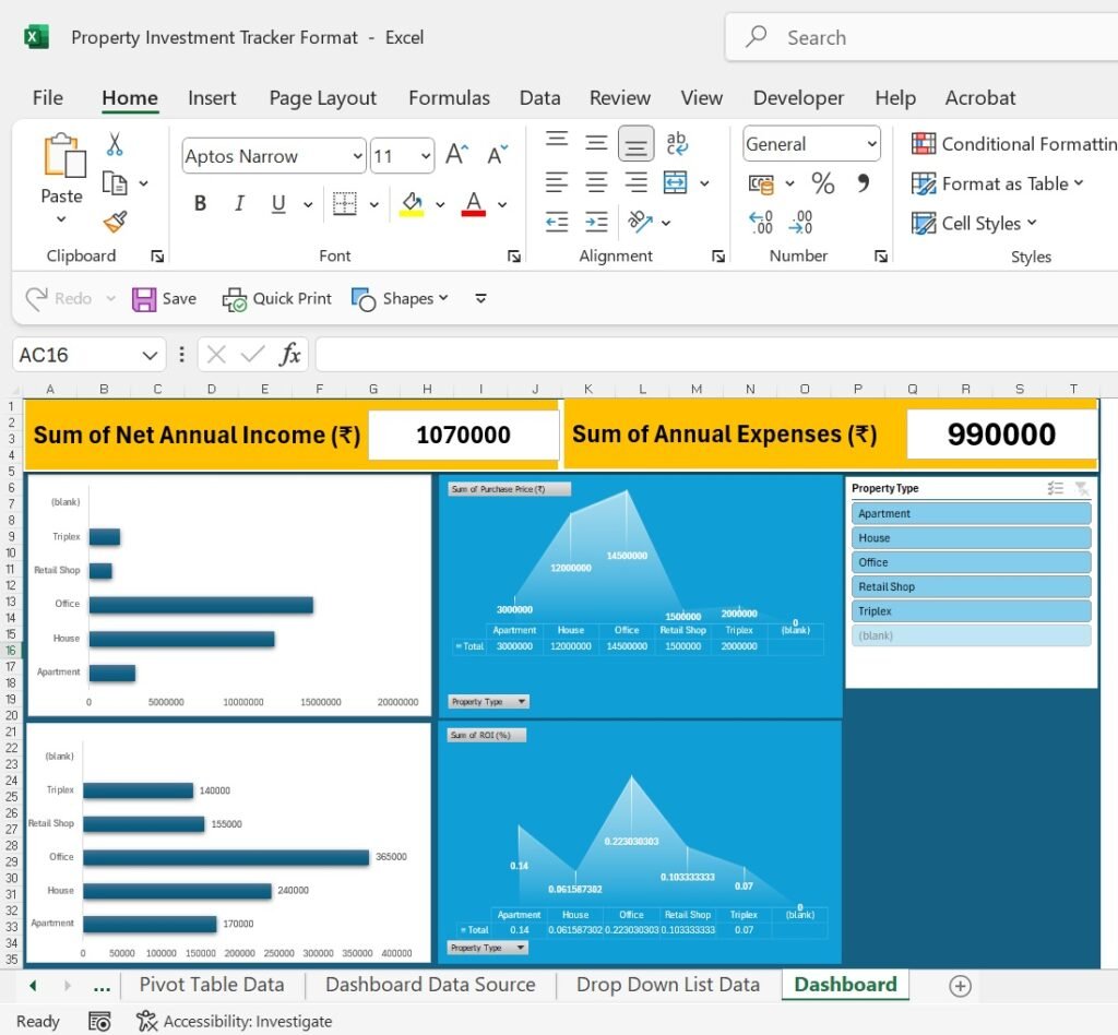 Property Investment Tracker Excel Template with Dashboard