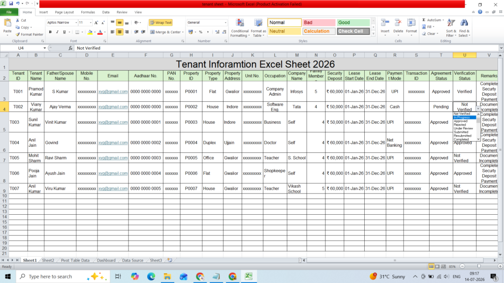 Tenant Information Excel Sheet Template
