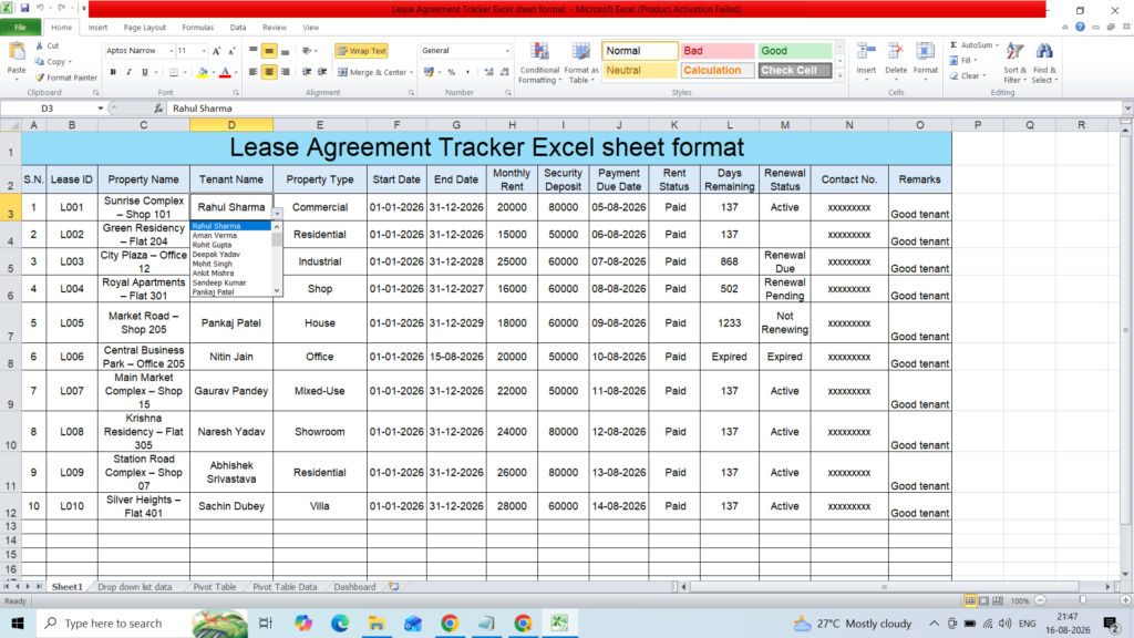 Lease Agreement Tracker Excel Template with Dashboard 