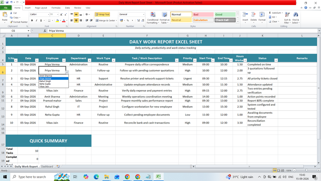 Daily Work Report Excel Sheet - Free Employee Work Tracker Template