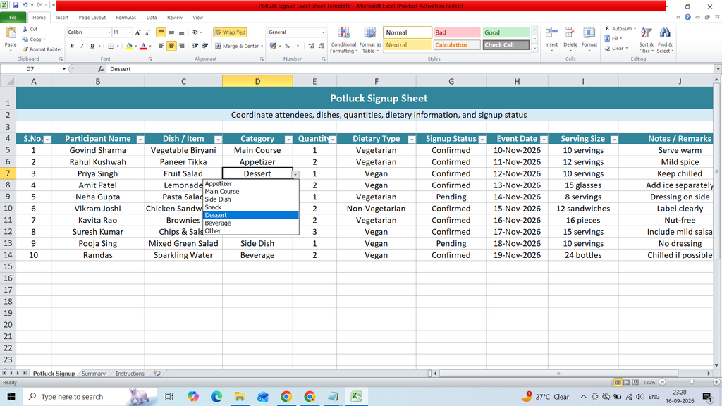 Potluck Signup Excel Sheet Template Download Free