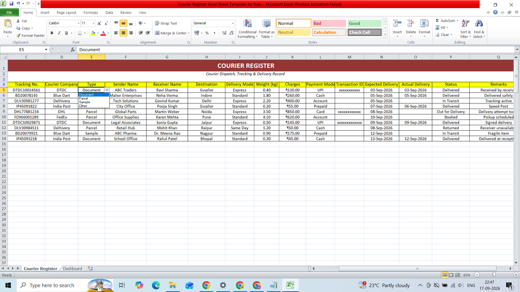 Courier Register Excel Sheet Template for free 1 Courier Register Excel Sheet Template