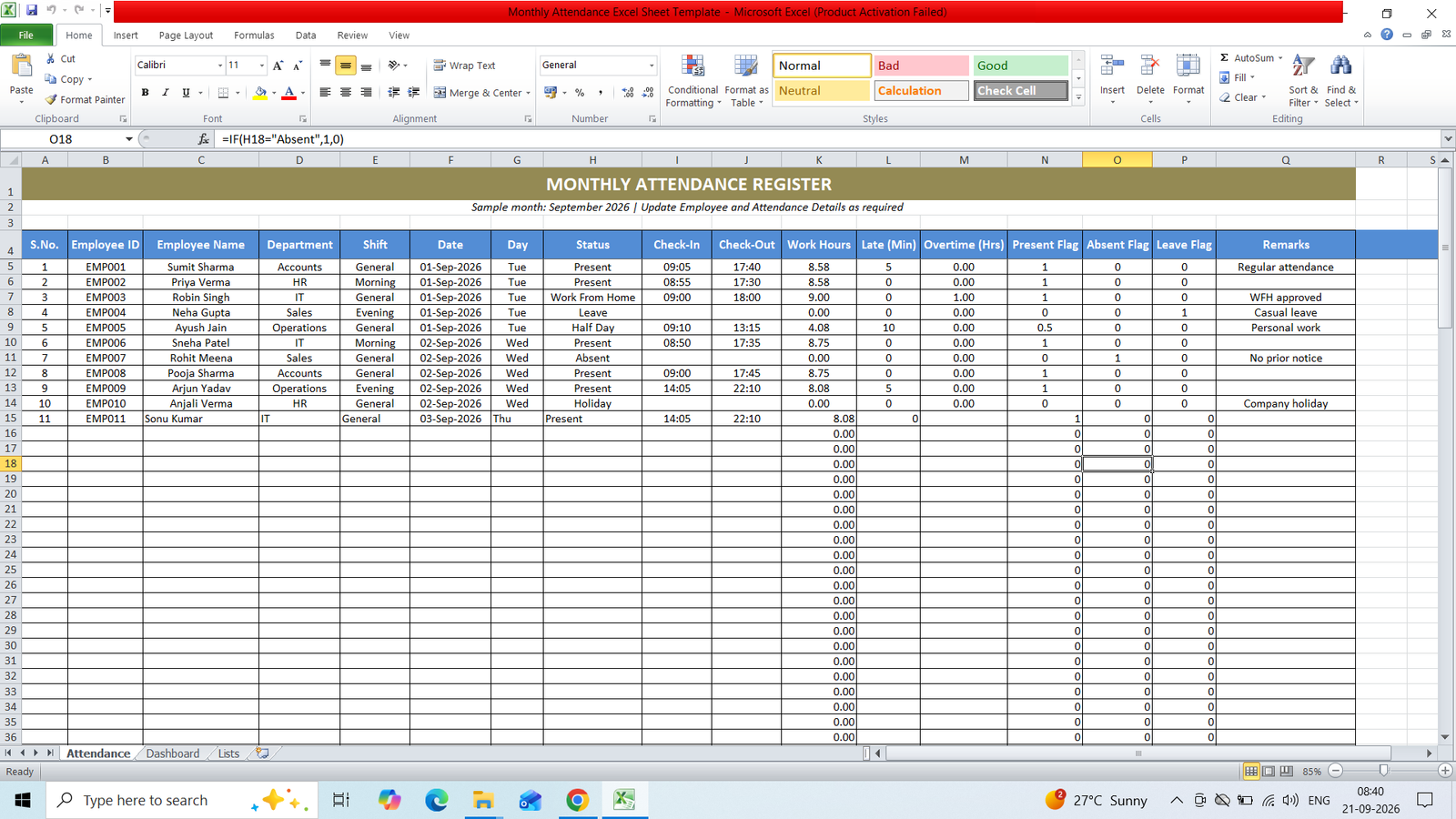Monthly Attendance Excel Sheet Template Free Download 
