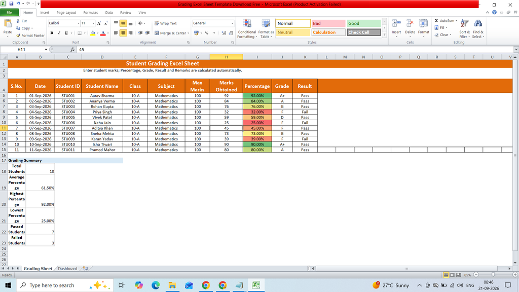Grading Excel Sheet Template Download Free