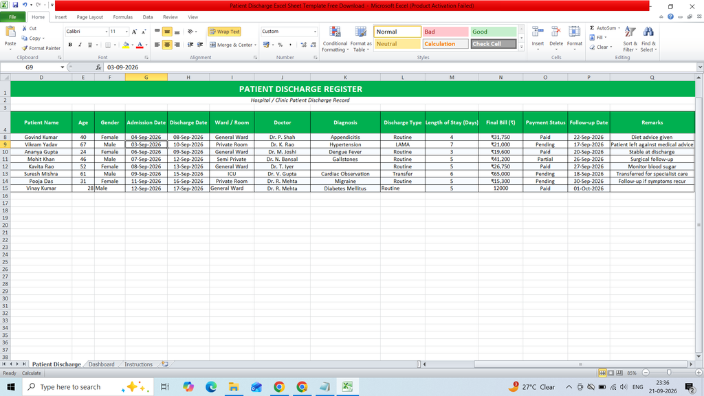 Patient Discharge Excel Sheet Template Free Download