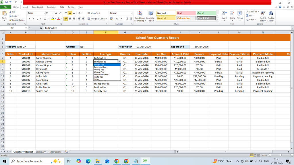 School Fees Quarterly Report Excel Template Free Download 