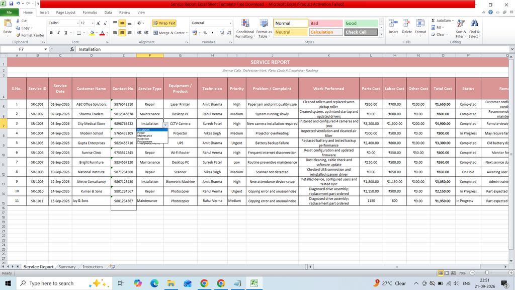 Service Report Excel Sheet Template Free Download