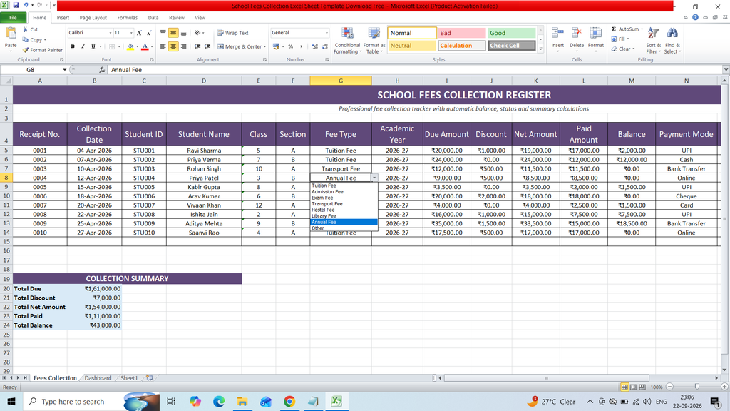 School Fees Collection Excel Sheet Template Download Free