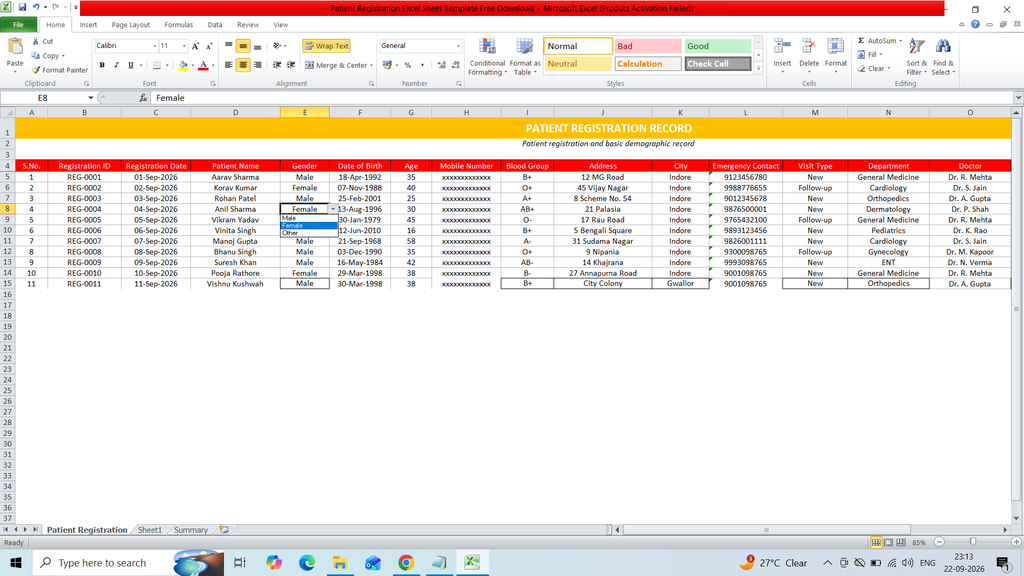 Patient Registration Excel Sheet Template Free Download