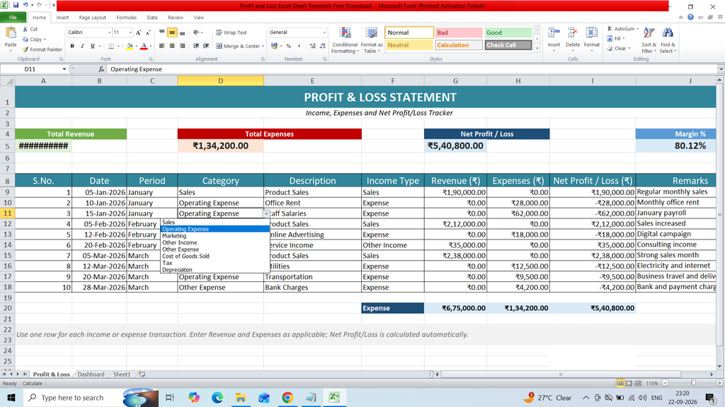 Profit and Loss Excel Sheet Template Free Download