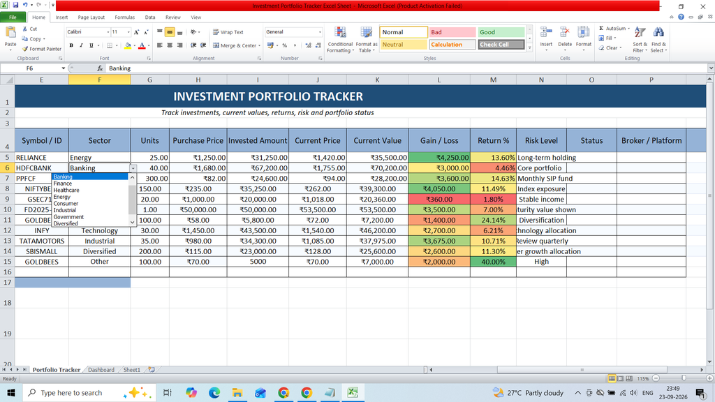 Investment Portfolio Tracker Excel Sheet Template Free Download