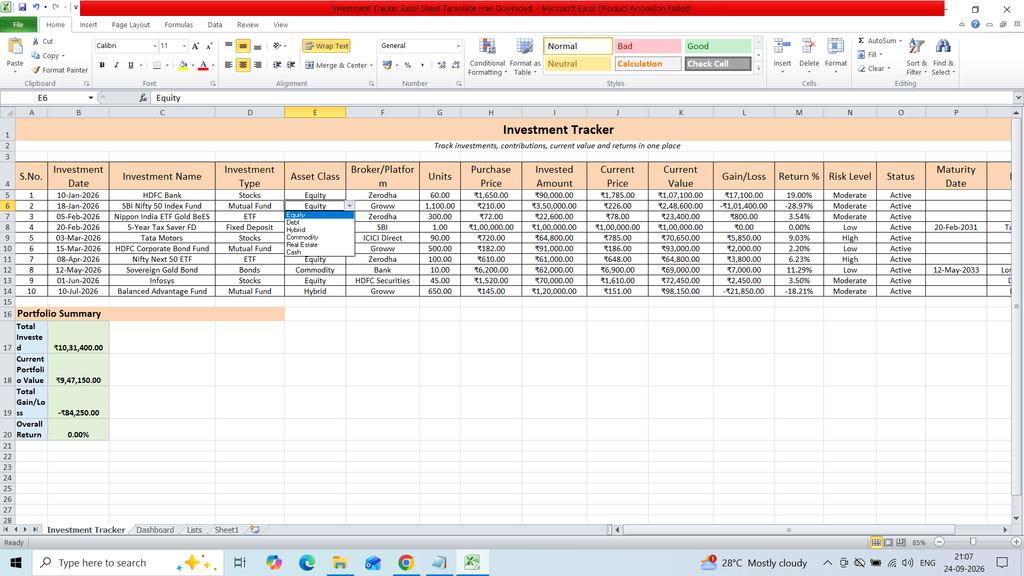 Investment Tracker Excel Sheet Template Free Download