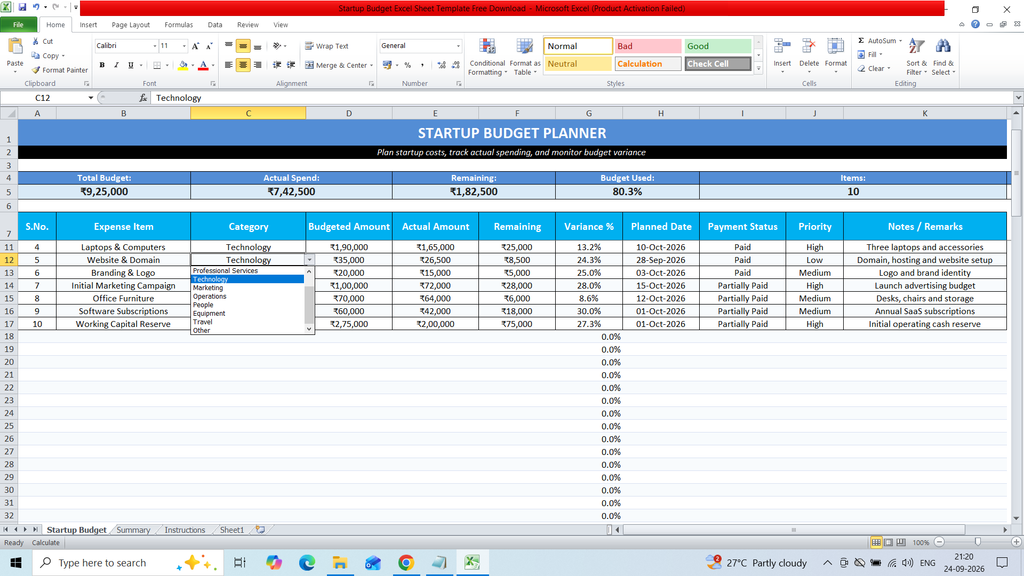 Startup Budget Excel Sheet Template