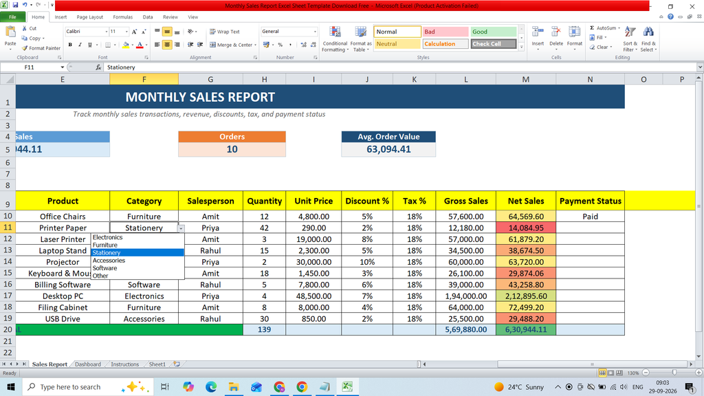 Monthly Sales Report Excel Sheet Template Download Free