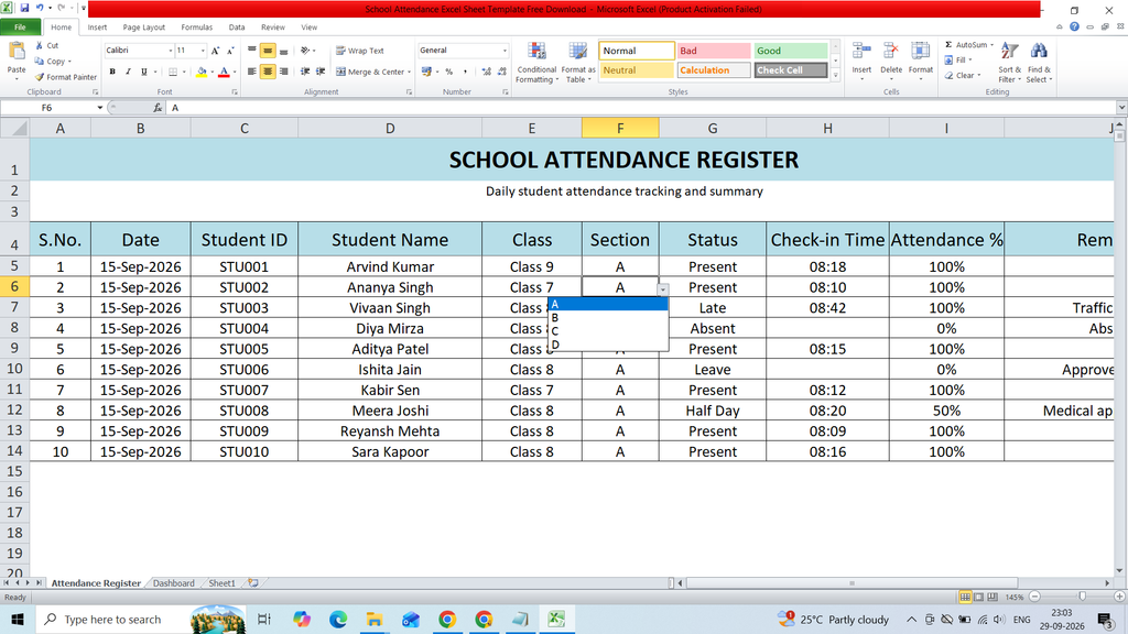 School Attendance Excel Sheet Template Free Download