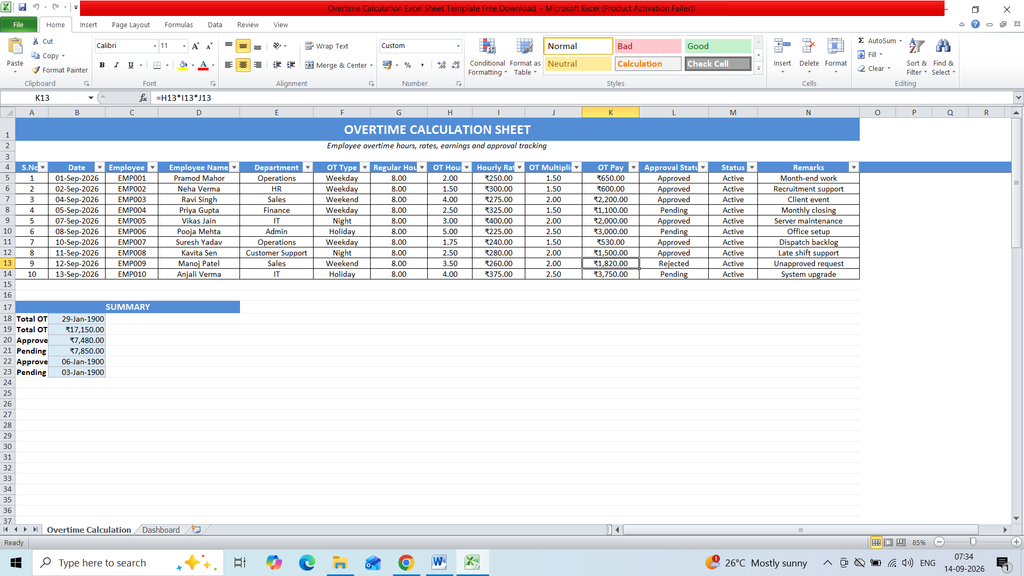 Overtime Calculation Excel Sheet Template Free Download