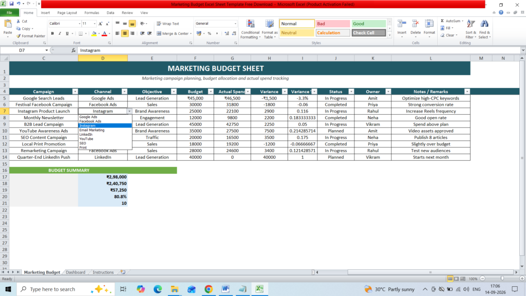 Marketing Budget Excel Sheet Template Free Download