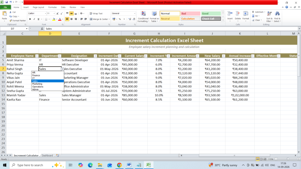 Increment Calculation Excel Sheet