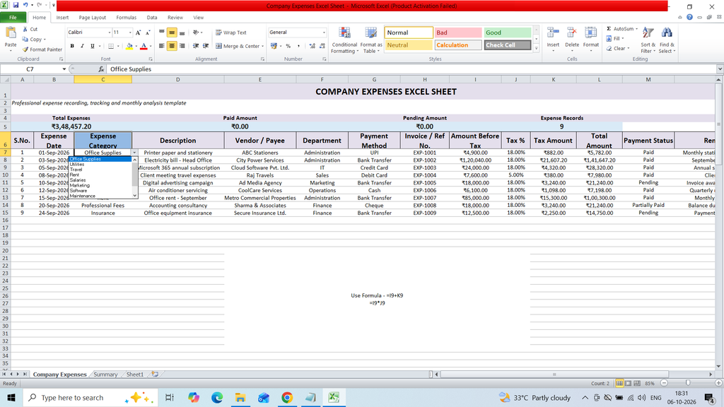 Company Expenses Excel Sheet Template Free Download