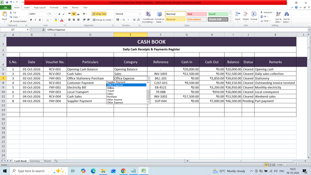 Cash Book Format Excel Sheet Template Download Free