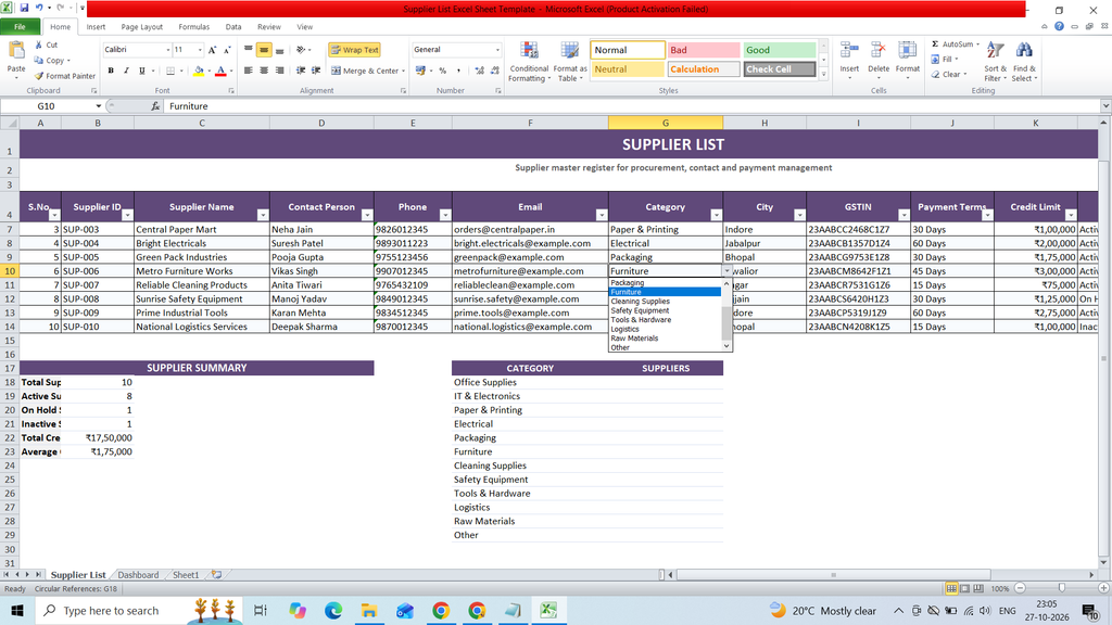 Supplier List Excel Sheet Template