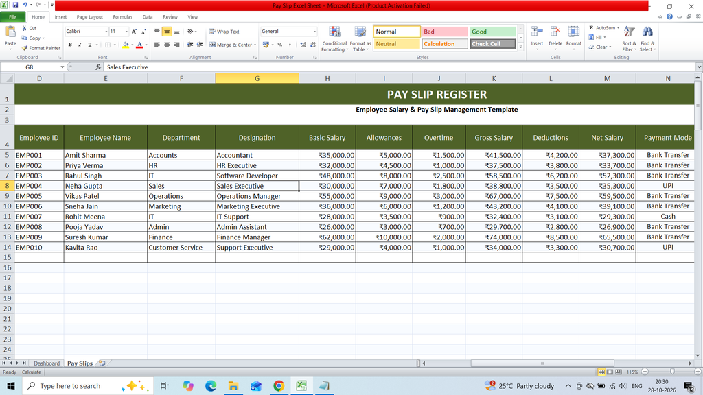 Pay Slip Excel Register Sheet Template Download Free