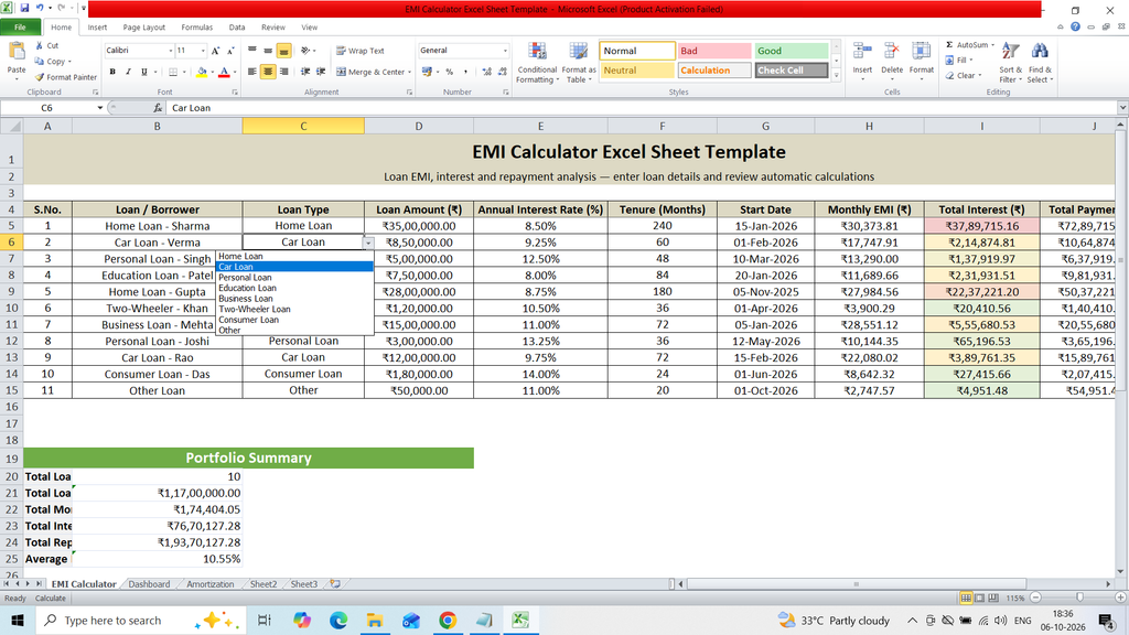 EMI Calculator Excel Sheet Template