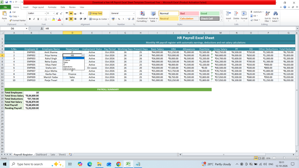 HR Payroll Excel Sheet Template Download Free 1 image 6